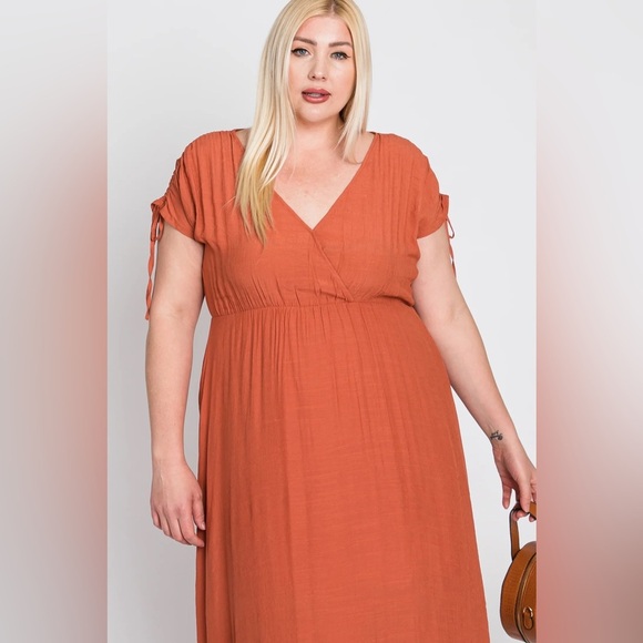 ARULA Dress Women's Size 1X Rust Orange Maxi Ruffle Hem Dolman Sleeves V-Neck - Picture 5 of 16